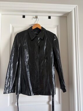 Dana Buchman Black Croc-Embossed Leather Jacket with Waist Ties